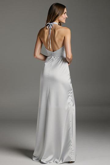 Light Grey Satin Halter Sheath Long Formal Dress with Slit